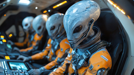 Grey aliens in orange suits, huddle in spacecraft, otherworldly crew, focusedの素材