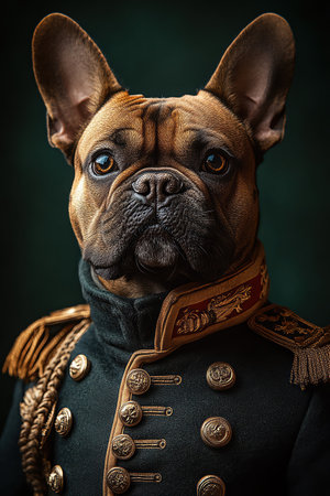 Bulldog in a military uniform, looking stoic and regal, dark green background, strong and commanding presenceの素材