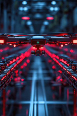 Drone production line, red illuminated UAVs, futuristic manufacture, precision automationの素材