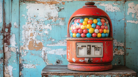 Vintage gumball machine, rustic wall, nostalgic toneの素材