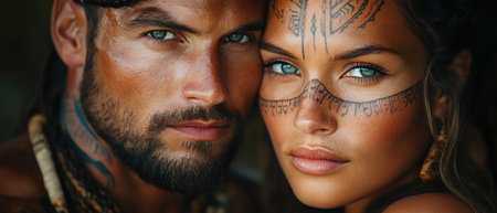 Tribal couple, striking tattoos, soulful eyes, cultural roots, intense portraitの素材