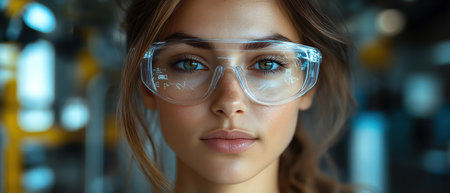 Woman in clear safety glasses, in a futuristic lab with digital maps behind herの素材