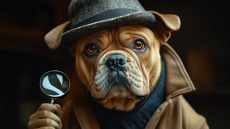 Bulldog dressed as a detective, wearing a fedora and trench coat, holding a magnifying glassの素材