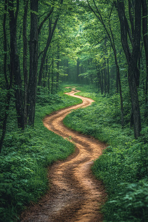 Dirt path winding through a serene green forest, surrounded by tall trees and lush foliageの素材