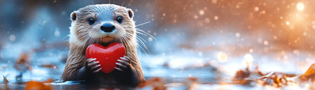 Otter holding heart, wideeyed, soft focus, dreamy bokeh flowersの素材