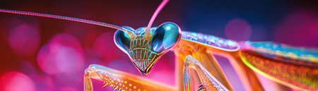Praying mantis, neon cybernetics, macro shot, vibrant entomology, fluorescent patternsの素材