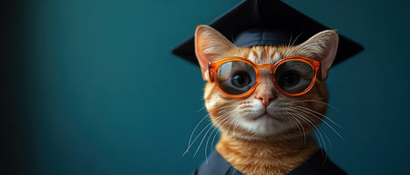 Cat in graduation cap and sunglasses, blue backdrop, celebratory and academic toneの素材