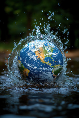 Earth splashing into water, symbolizing environmental impactの素材