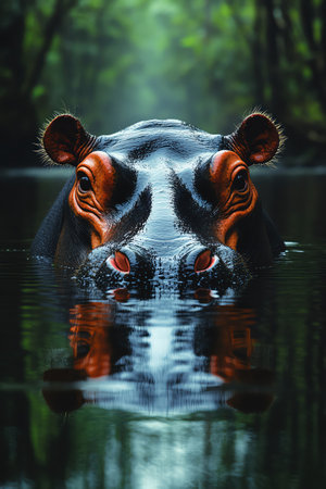 Hippo in water, calm gaze, reflective surface, wildlife closeupの素材
