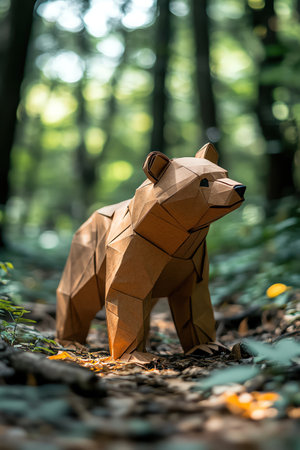 Origami bear in the forest, natural light, forest floor, softfocus background, standing alertの素材