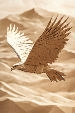 Origami eagle soaring, sand dunes below, shadow play, warm sepia tones, clear sky, midflightの素材