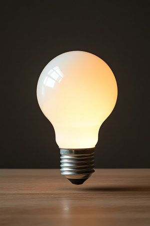 Illuminated light bulb on desk, symbolize idea generation, clean backgroundの素材
