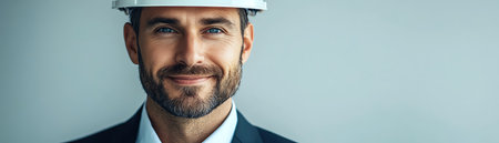 Smiling man in a suit and hard hat, professional pose against a light backgroundの素材