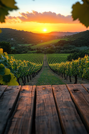 Sunkissed vineyard with rows stretching into the horizon, framed by wooden planks and a glowing sunsetの素材