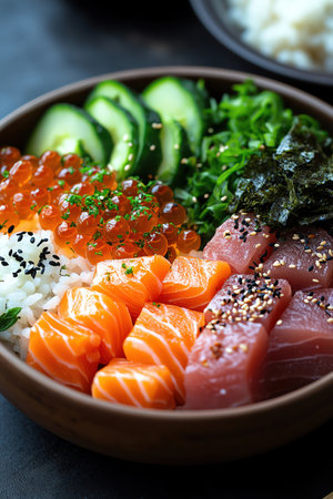 Sushi bowl with tuna, salmon, ikura, and seaweed, meticulously arranged with fresh greens and riceの素材