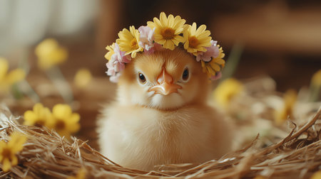 Chick with floral crown, fluffy yellow feathers, charming spring, wide shot, baby animal cutenessの素材