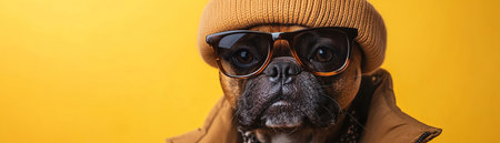 Dog in matching beige hat and jacket, posing against a warm backgroundの素材