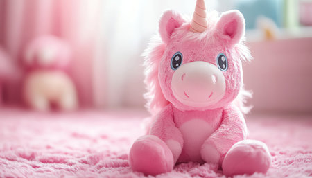 Cute plush unicorn toy, soft pink background, cuddly vibeの素材