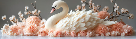 Elegant swan cake with floral decorations, delicate and artisticの素材