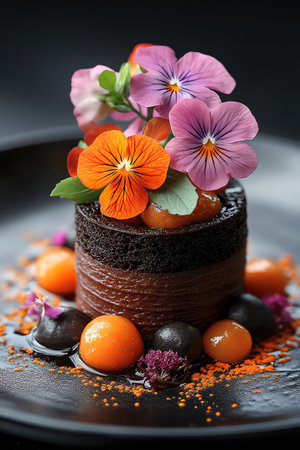 Gourmet dish with edible flowers, culinary artistry, elegant plating, vivid colorsの素材
