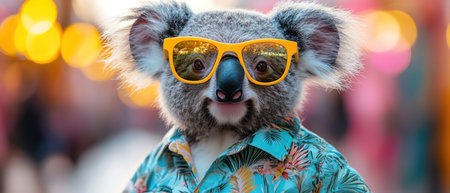 Koala in yellow sunglasses and a tropical shirt, standing against a soft pink and peach gradient backgroundの素材