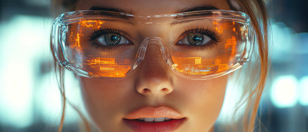 Woman in clear safety glasses, in a futuristic lab with digital maps behind herの素材