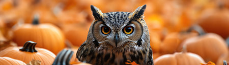 Owl surrounded by pumpkins, sharp focus, bright orange background, festive autumn moodの素材