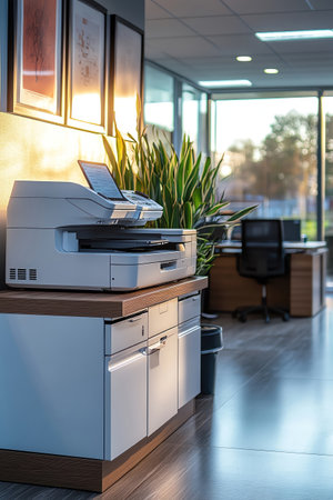 Large format printer, sleek design, modern office backdrop, technology in actionの素材