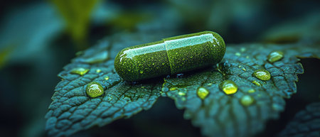 Green capsule on wet leaf, macro, morning dew ambianceの素材