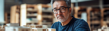 Mature man in workshop with architectural models soft natural light professional ambianceの素材
