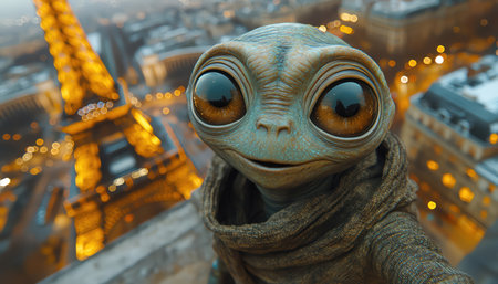 Joyful alien selfie in Paris, Eiffel Tower backdrop, eyelevel shotの素材