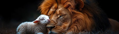 Lion and lamb, stark contrast, symbolic predators peace, dark backgroundの素材
