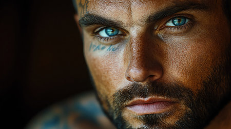 Man with tattoos and intense gaze warm lighting brown background closeup portraitの素材