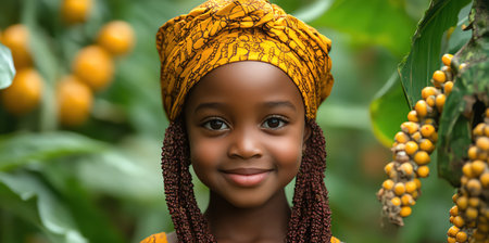 Joyful child with harvest, vibrant African dress, community spirit, soft focusの素材