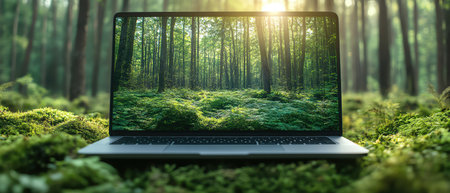 Laptop with forest screen, merging technology with nature, tranquil woodlandの素材