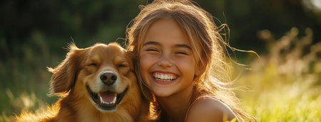 Laughing girl with dog on grass, shared happiness, closeup bondingの素材