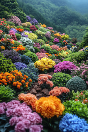 Manicured garden panorama, lush greenery, sculpted bushes, floral vibrancyの素材