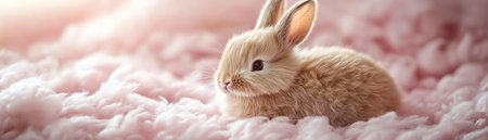 Plush bunny on fluffy clouds pink background soft dreamy lightingの素材