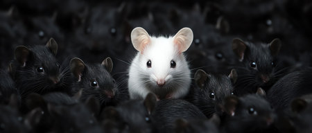 One white mouse among many black ones, topdown view, selective focusの素材