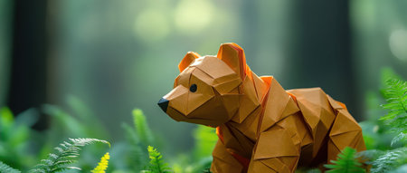 Origami bear in a misty woodland, surrounded by ferns soft morning light natural settingの素材
