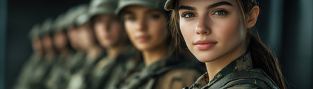 Military personnel in line, focus on female soldier, pride and readinessの素材