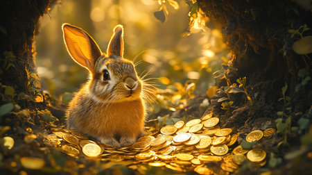 Rabbit in gold coin burrow, magical glow, treasure cave settingの素材