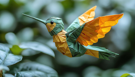 Origami hummingbird in green and yellow, suspended midair, minimal background clean lightの素材