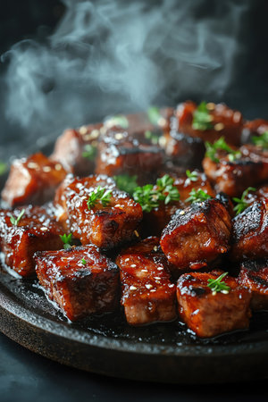 Sizzling BBQ pork on hot plate, steamy, closeup, mouthwateringの素材