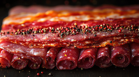 Sliced cured meats, pepper sprinkle, aged flavor, culinary texture, closeupの素材