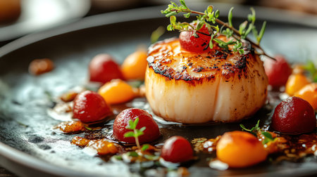 Seared scallop, elegant plating, warm glow, fine dining aestheticの素材