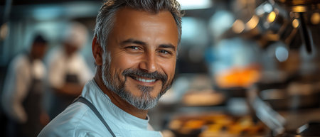 Smiling chef in kitchen, bright natural light, candid styleの素材