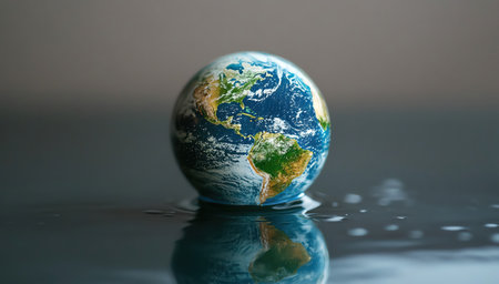 Water droplet, globe reflection, focused closeupの素材