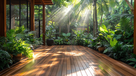 Wooden deck extends into lush tropical garden, radiant sunlight filtering through dense foliageの素材