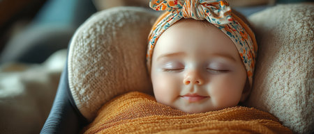 A baby peacefully sleeping in a car seat with a floral headband, soft natural light, closeupの素材